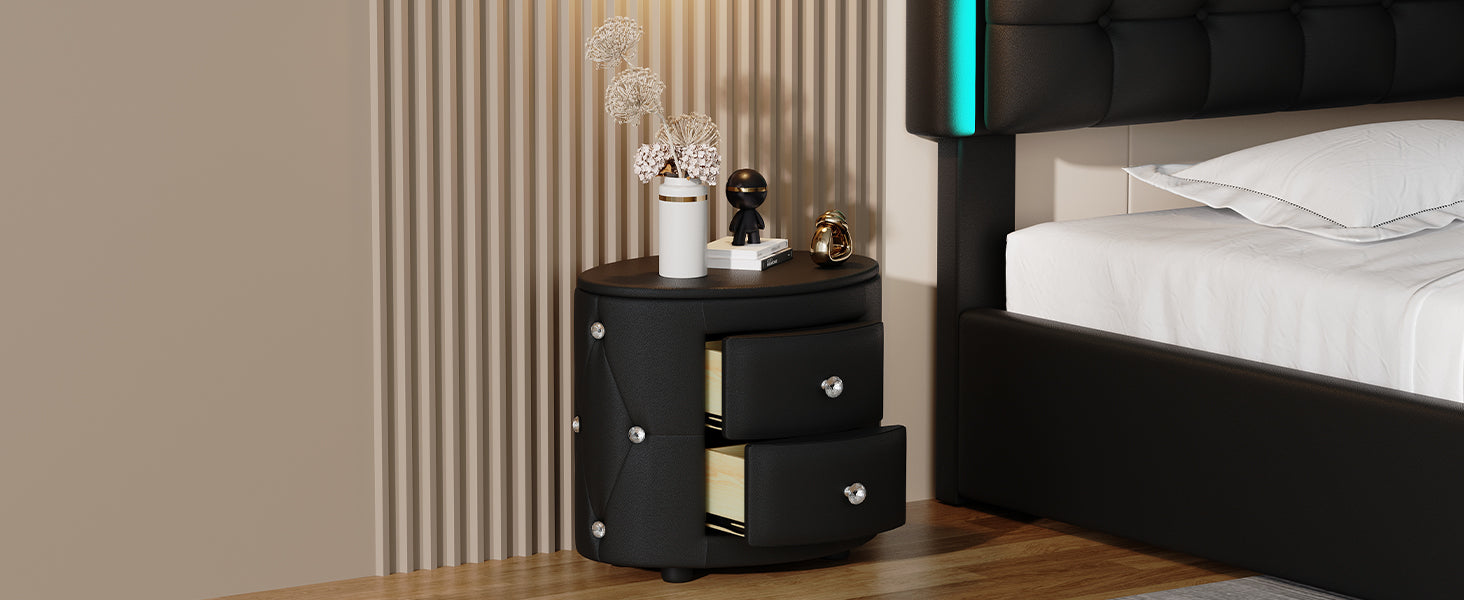Elegant PU Nightstand with 2 Drawers and Crystal Handle,Fully Assembled Except Legs&Handles,Storage Bedside Table - Black - Korvel