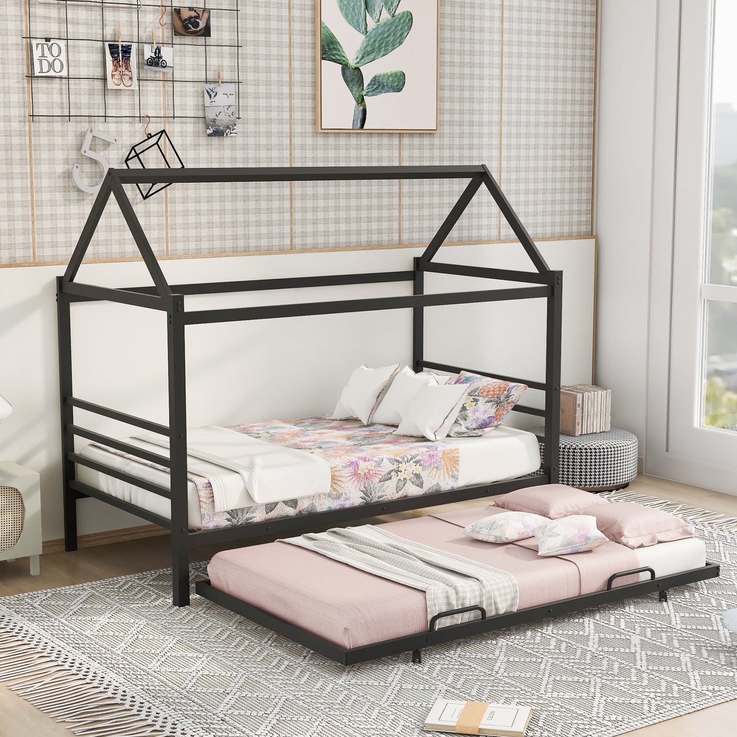 Twin Size Metal House Shape Platform Bed with Trundle - Black
