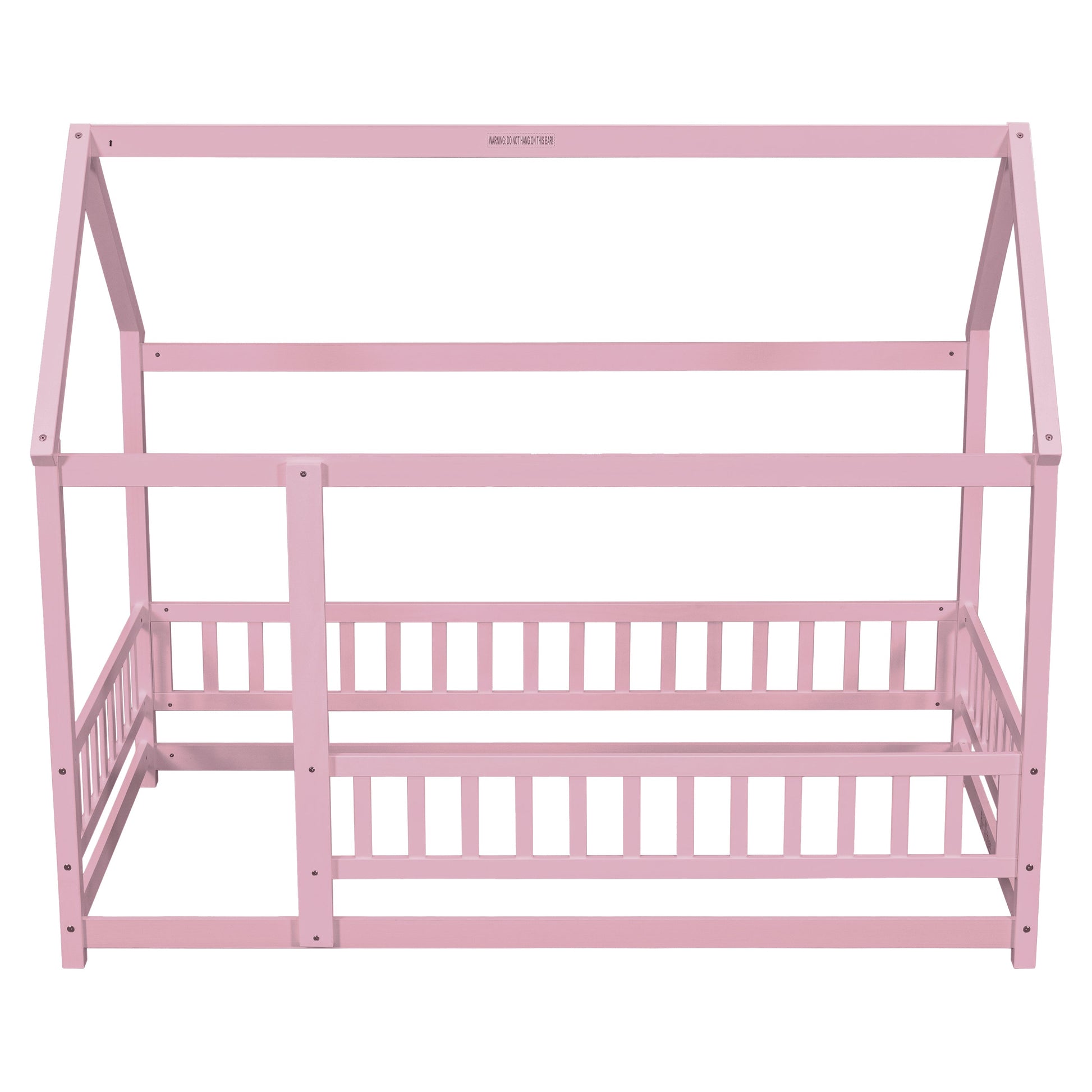 Twin Size Floor Wooden Bed with House Roof Frame, Fence Guardrails,Pink - Korvel