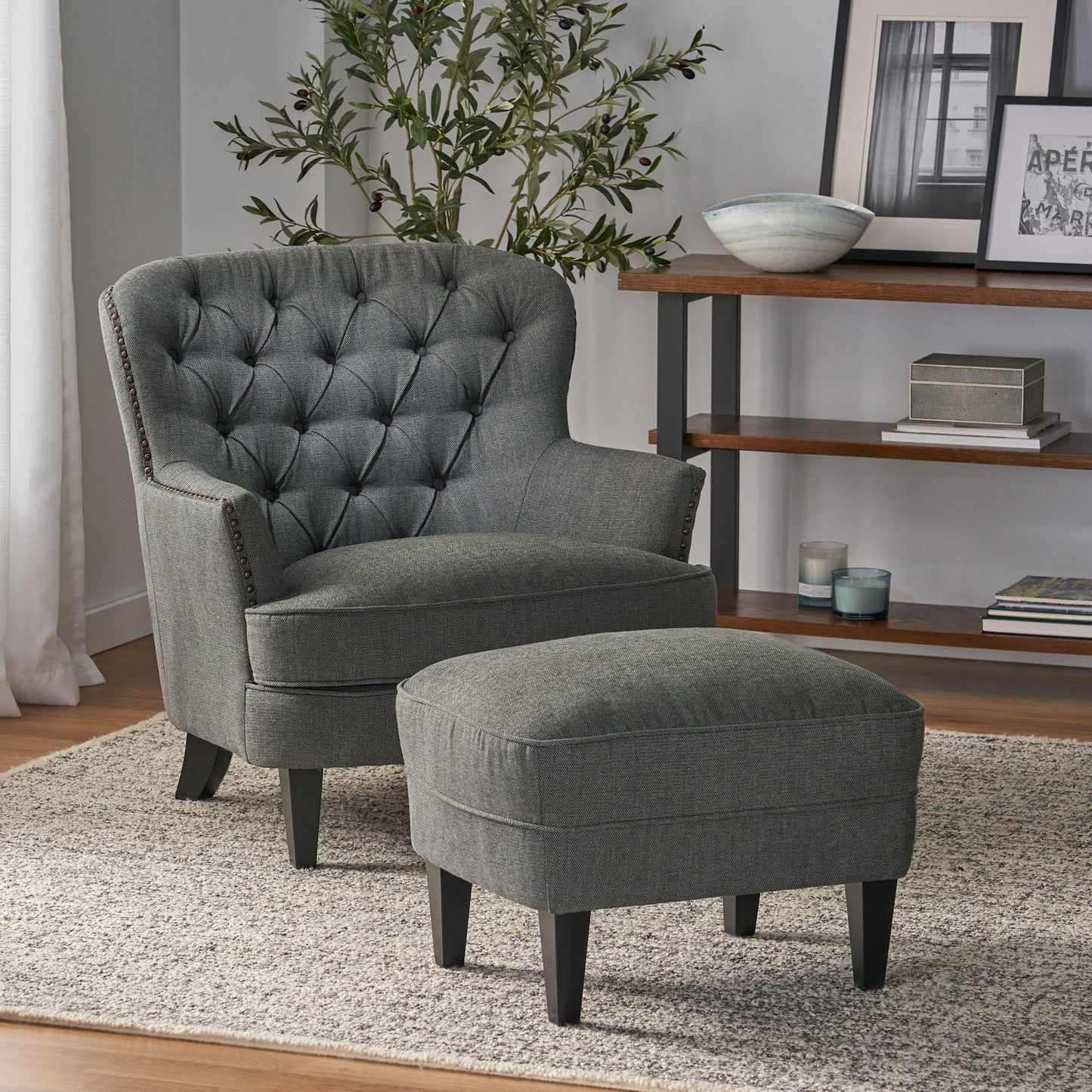 Modern grey fabric club chair and Ottoman set, stylish cushioned armchair, paired with Ottoman style - Korvel