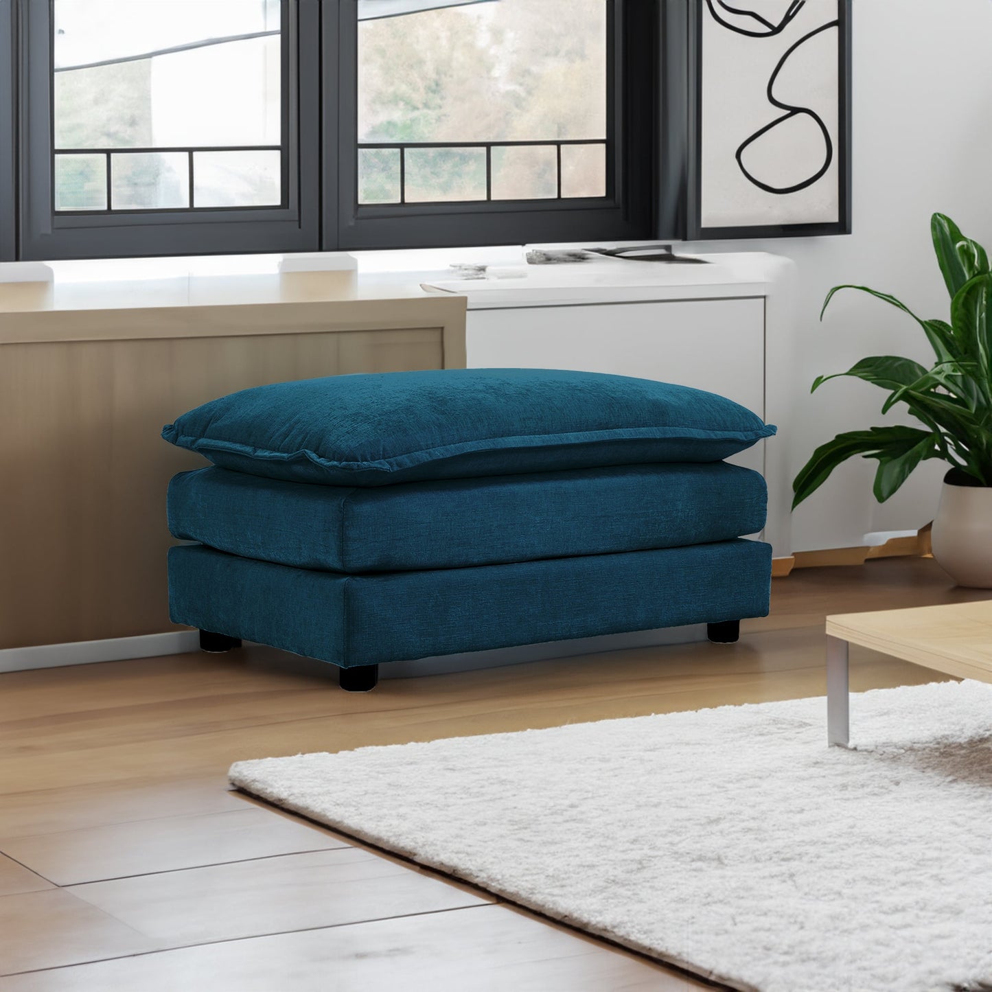 Premium Blue Chenille Fabric Ottoman Footrest