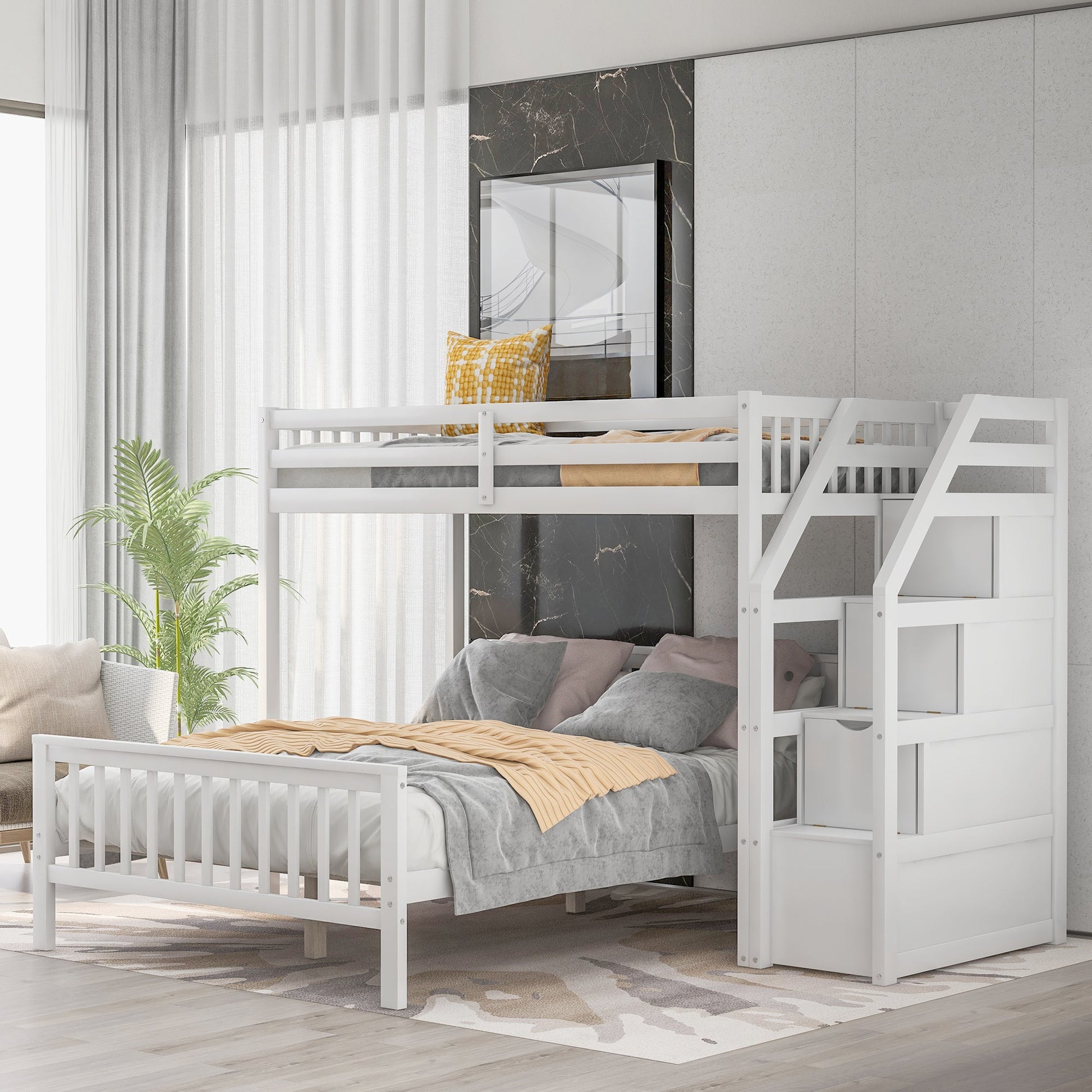Twin over Full Loft Bed with Staircase,White - Korvel