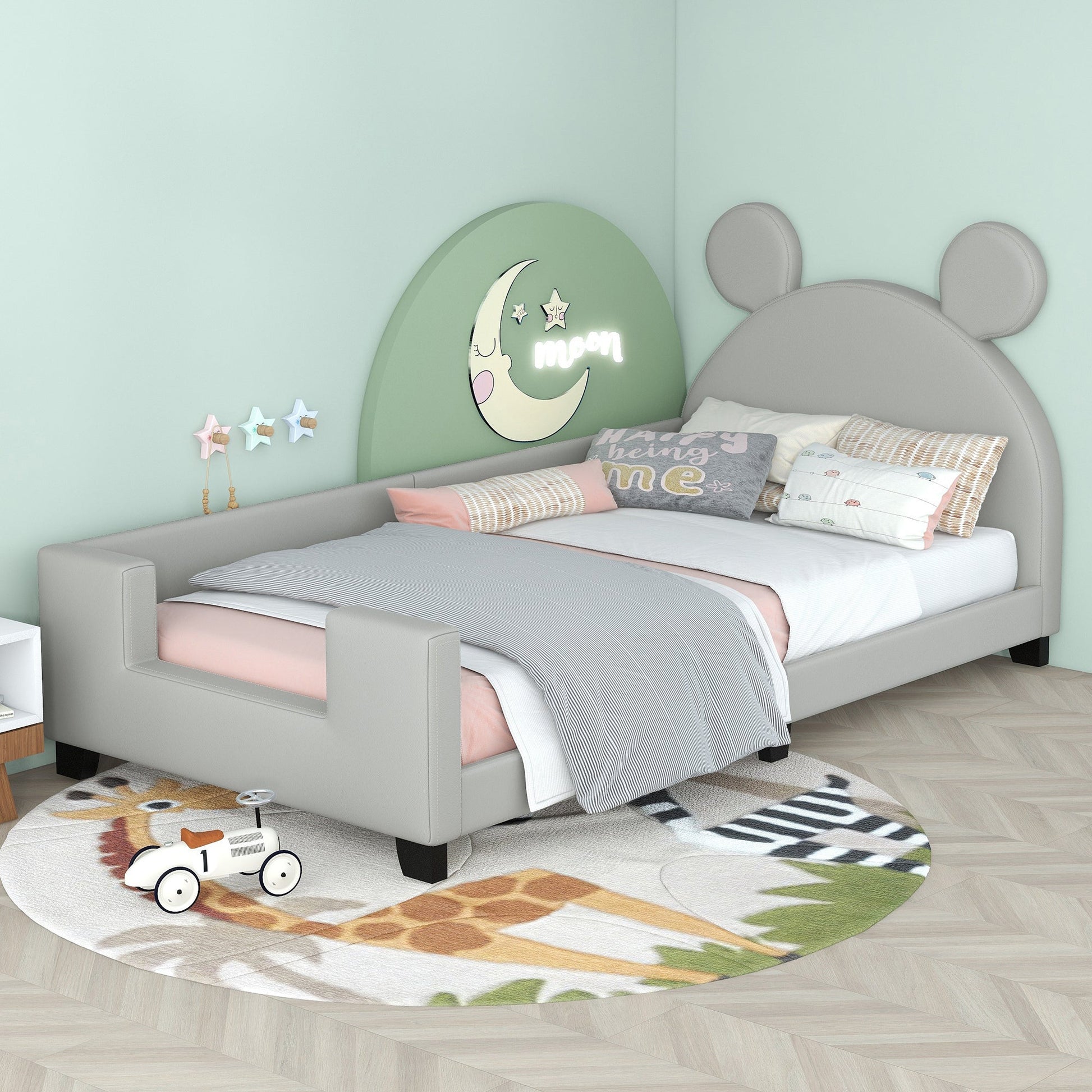 Twin Size Upholstered Daybed with Carton Ears Shaped Headboard  Grey - Korvel
