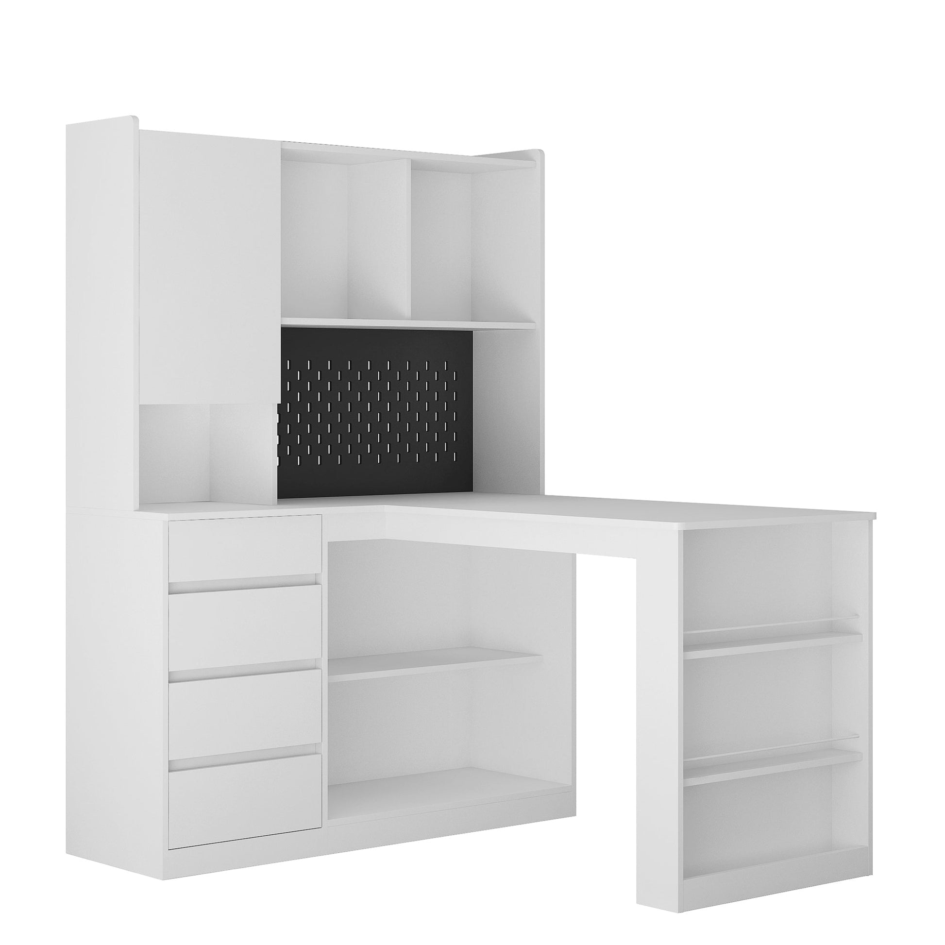 L-shaped office desk with charger, bookshelf with drawers and LED lights, and corner gaming computer desk with storage space - Korvel