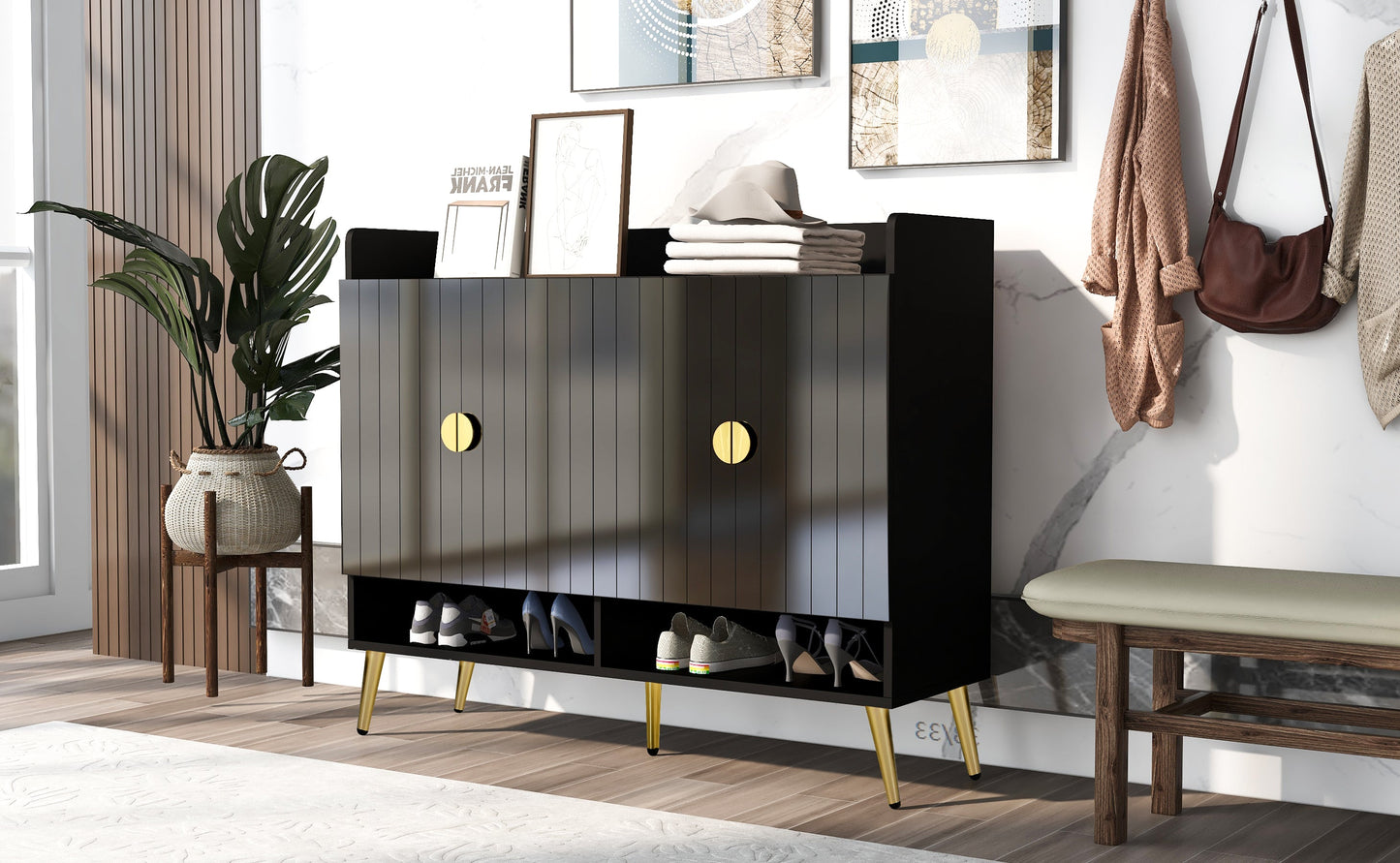 U-Can Modern Wooden Shoe Cabinet with Doors - 11-Tier Organizer