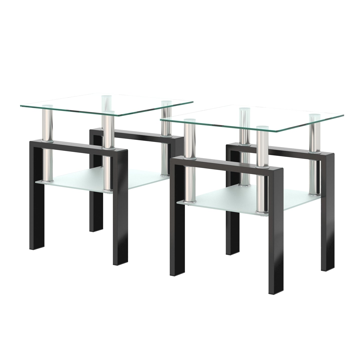 Set of 2, Modern Tempered Glass Tea Table Coffee Table End Table, Square Table for Living Room, Transparent/Black - Korvel