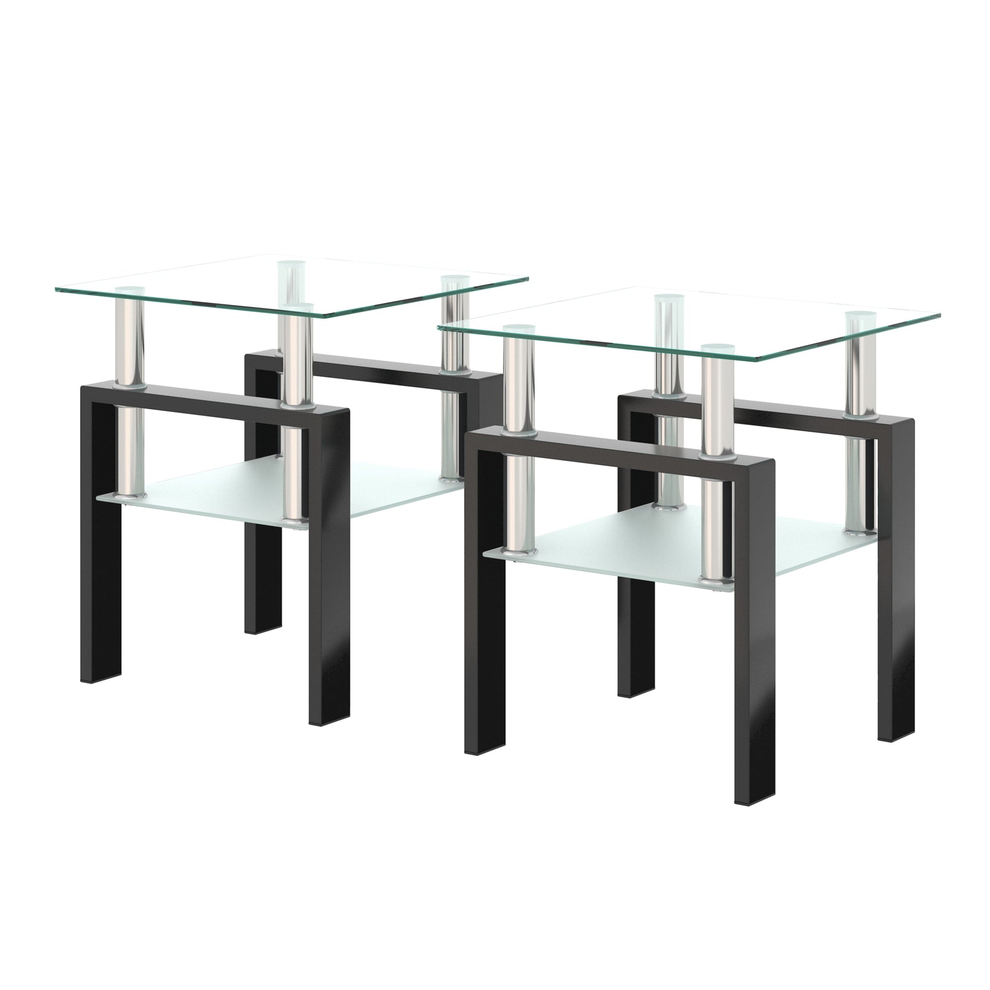 Set of 2, Modern Tempered Glass Tea Table Coffee Table End Table, Square Table for Living Room, Transparent/Black - Korvel