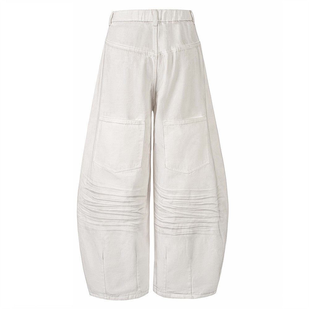 Distressed Denim Tapered Pants with Punk Pocket Design