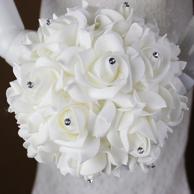 White Ivory Bridal Bridesmaid Flower Wedding Bouquet Artificial Flower Rose Bouquet Crystal Bridal Bouquets - Korvel