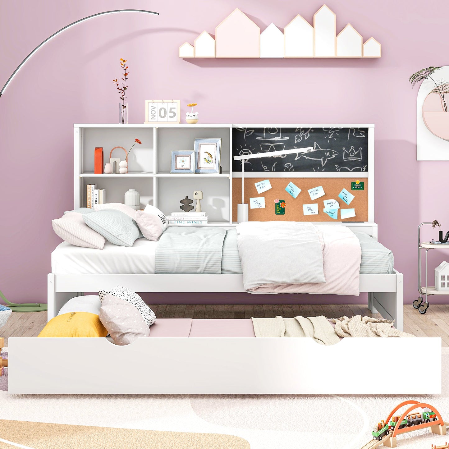 Cama nido elegante de tamaño twin con almacenamiento y cama extraíble - Blanca