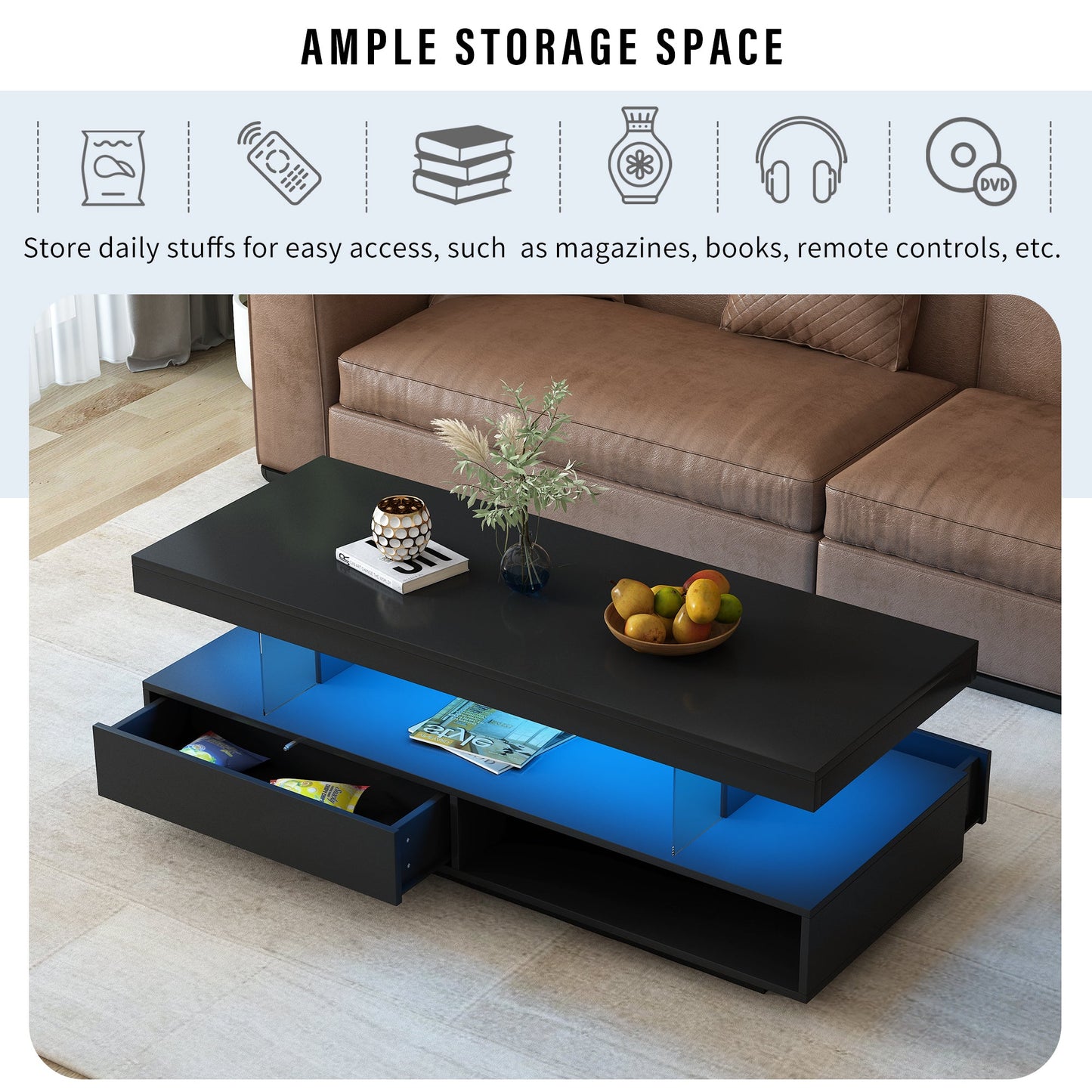 U-Can LED coffee table with storage space, modern central table with 2 drawers and display rack, equipped with LED lights, black - Korvel