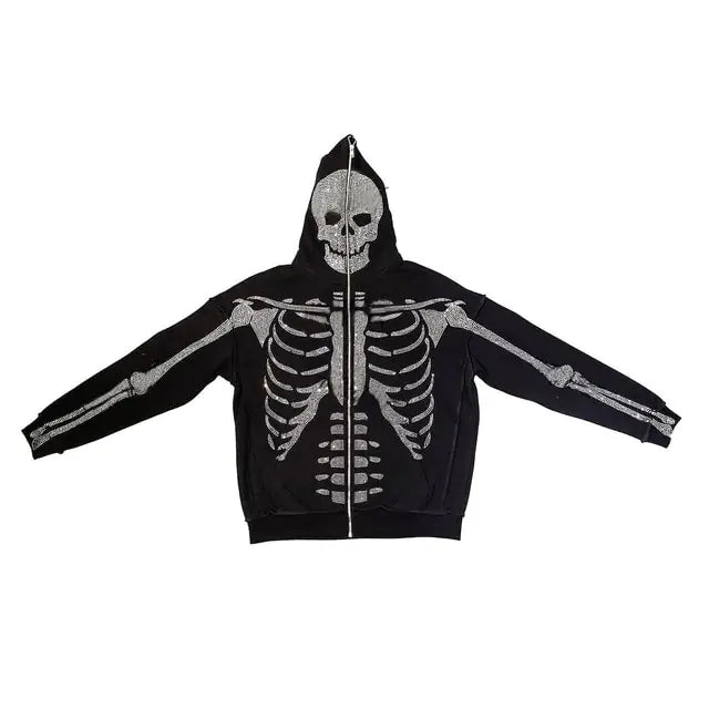 Skeleton Rhinestone Full Zip Hoodie for Women