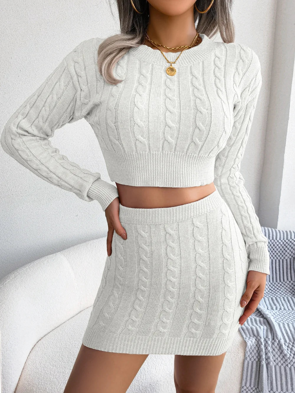 Slim Two-Piece Twist Sweater Knit Skirt Set