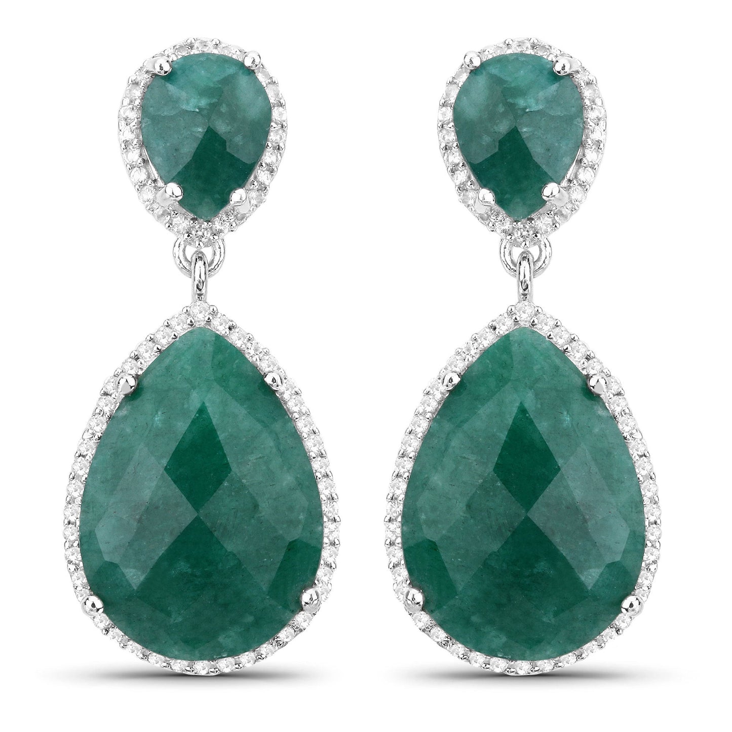 19.42 Carat Dyed Emerald and White Topaz Sterling Silver Earrings