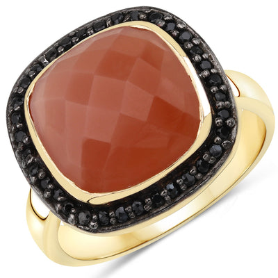 6.74 Carat Peach Moonstone & Black Spinel Sterling Silver Ring