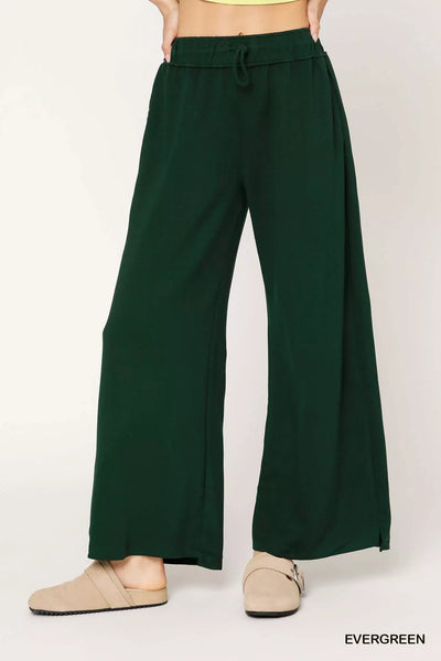 Umgee Wide Leg Pants with Elastic Drawstring Waistband