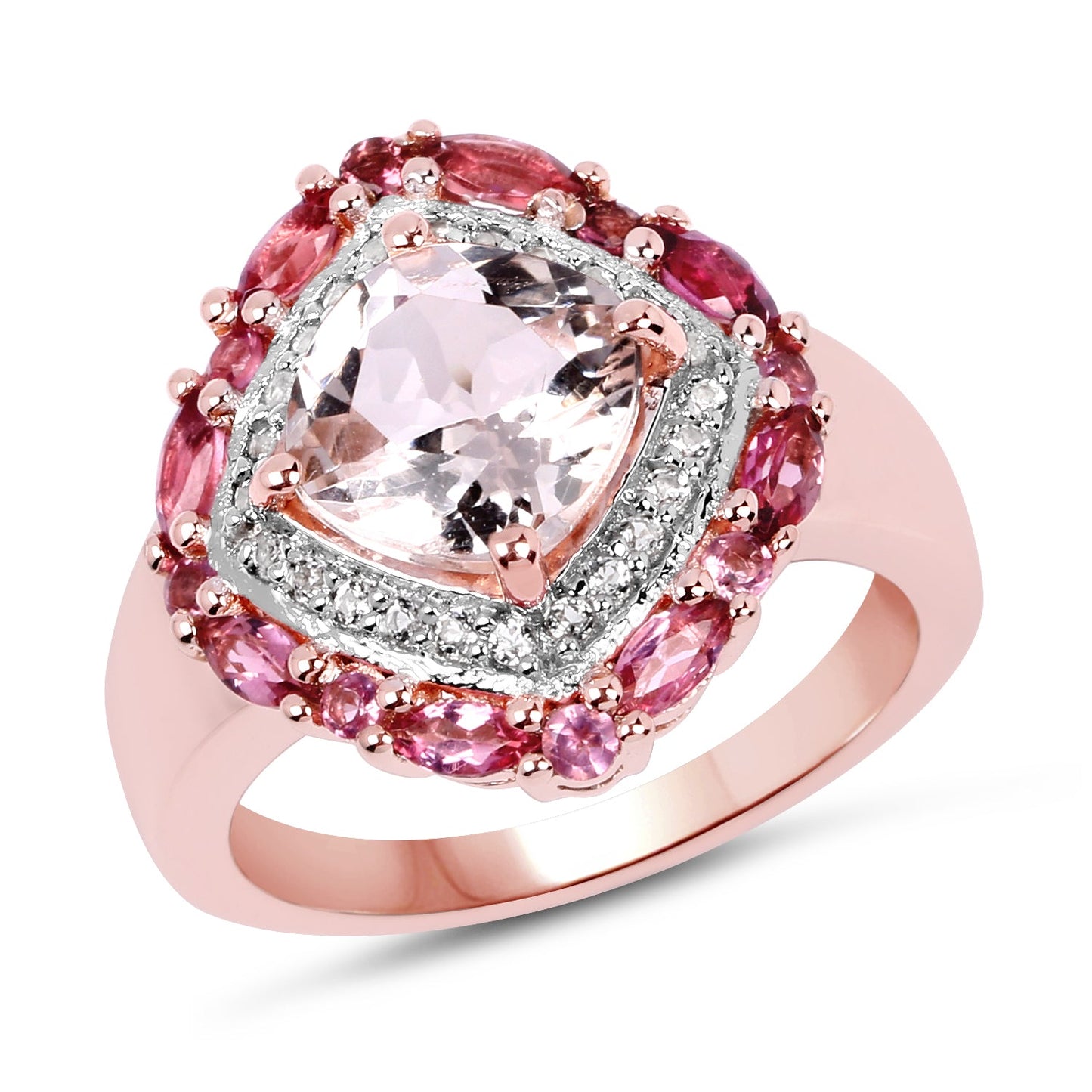 Anillo de Morganita y Turmalina Rosa Bañado en Oro Rosa de 14K