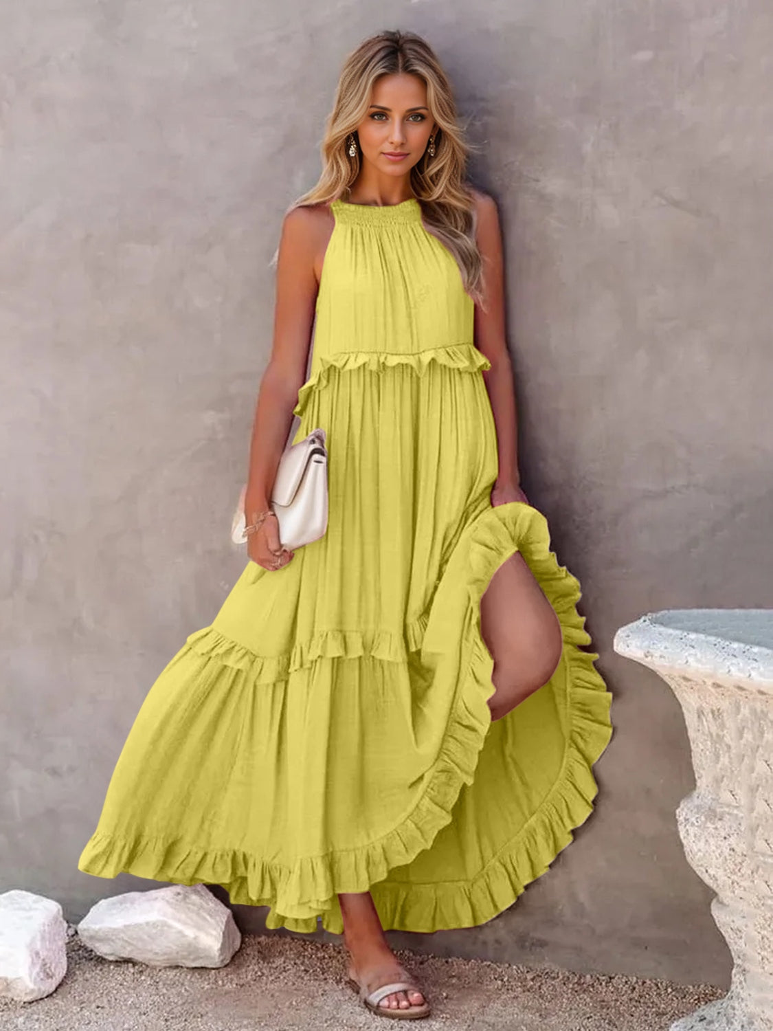 Elegant Ruffled Sleeveless Tiered Maxi Dress with Pockets