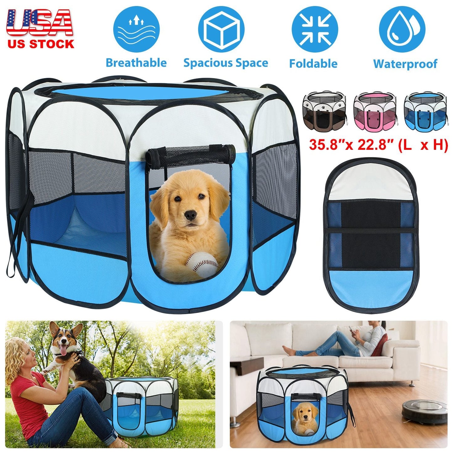 Portable Foldable Pet Tent Exercise Pen Kennel Removable Zipper Top and Bottom Water Resistant Indoor Outdoor Use For Dogs Cats Other Pets - Korvel