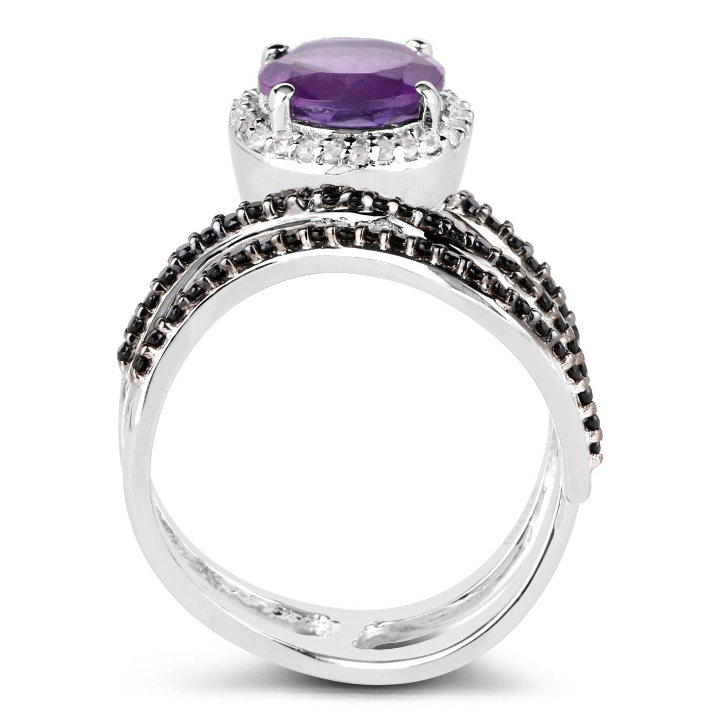 Bague en Argent Sterling avec Améthyste de 2,31 Carats, Spinelle Noir et Diamant