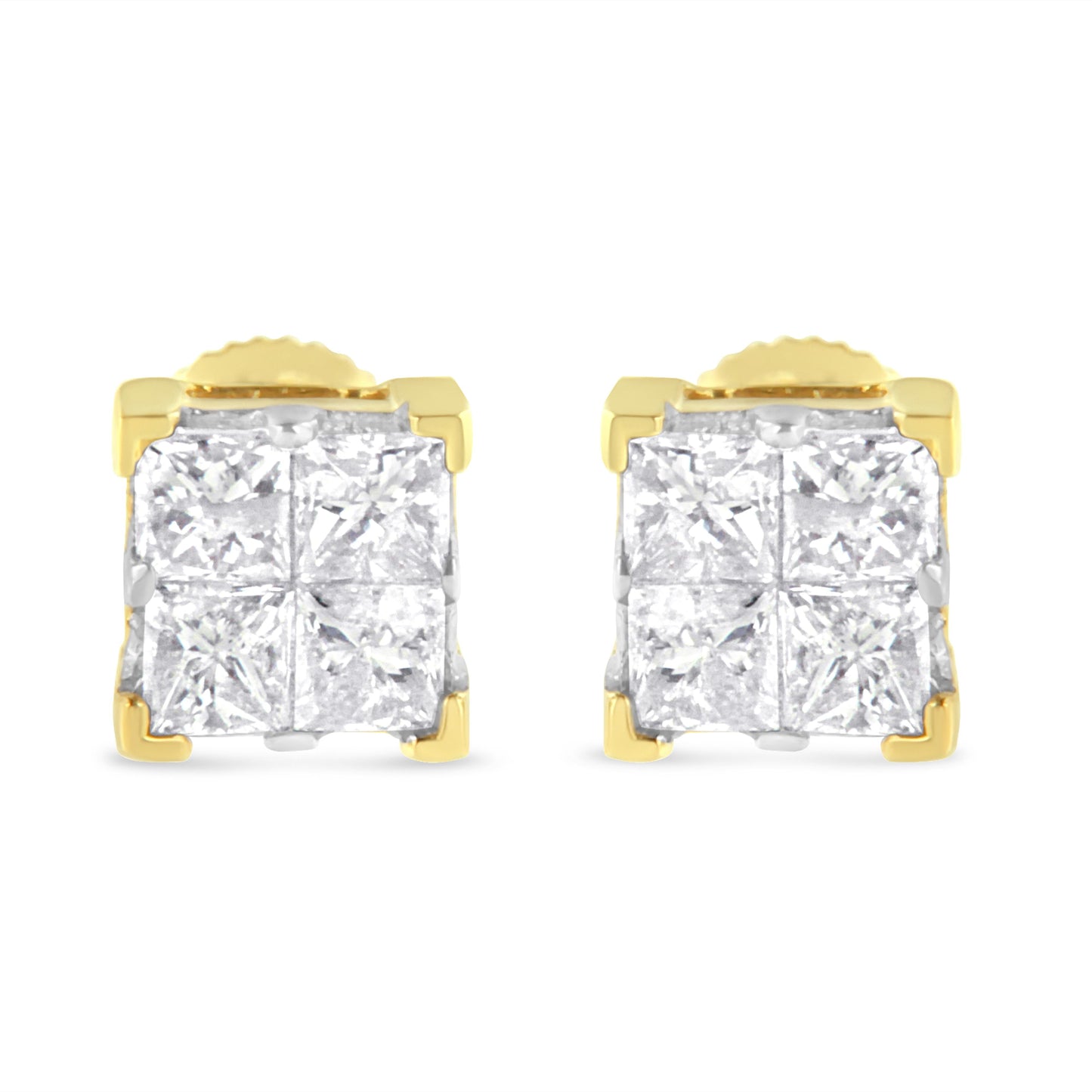 Boucles d'oreilles carrées en diamant taille princesse en or jaune 10K