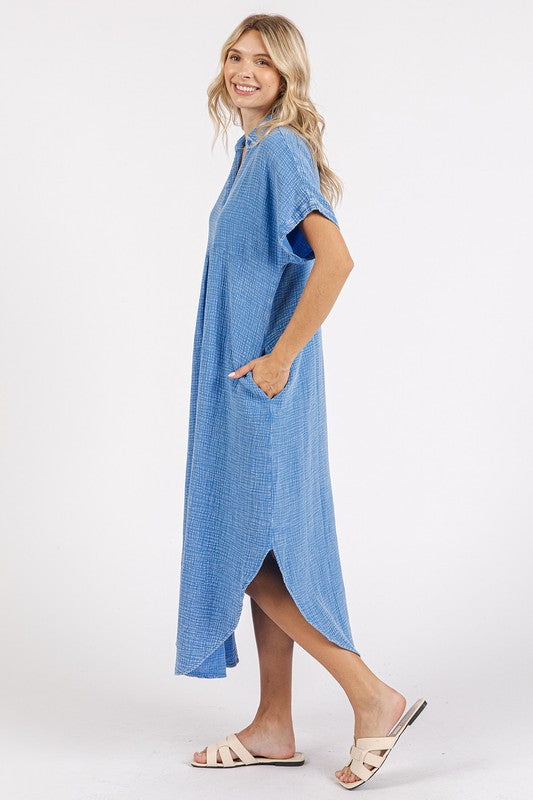 Robe Midi Boutonnée V-Neck à Lavage Minéral