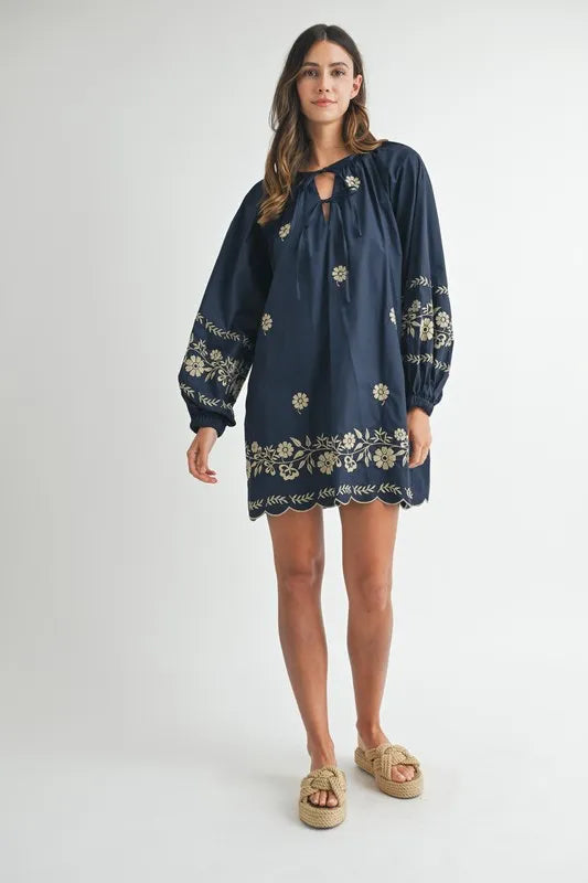 Embroidered Long Sleeve Peasant Mini Dress for Women