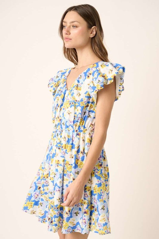 Charming Floral V-Neck Cap Sleeve Mini Dress for Women