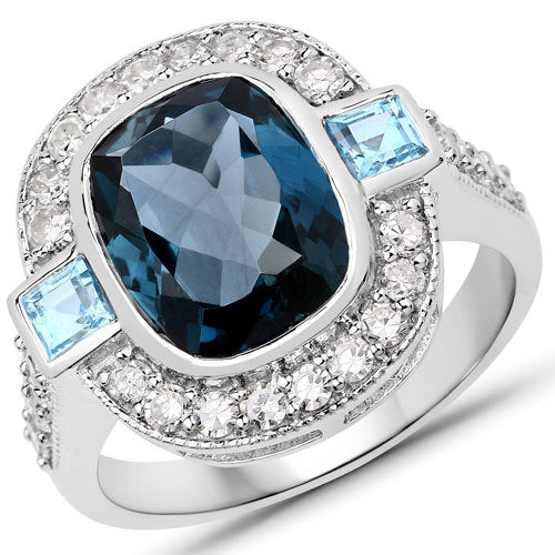 Bague en argent sterling avec topaze bleue de Londres et diamants de 5,27 carats
