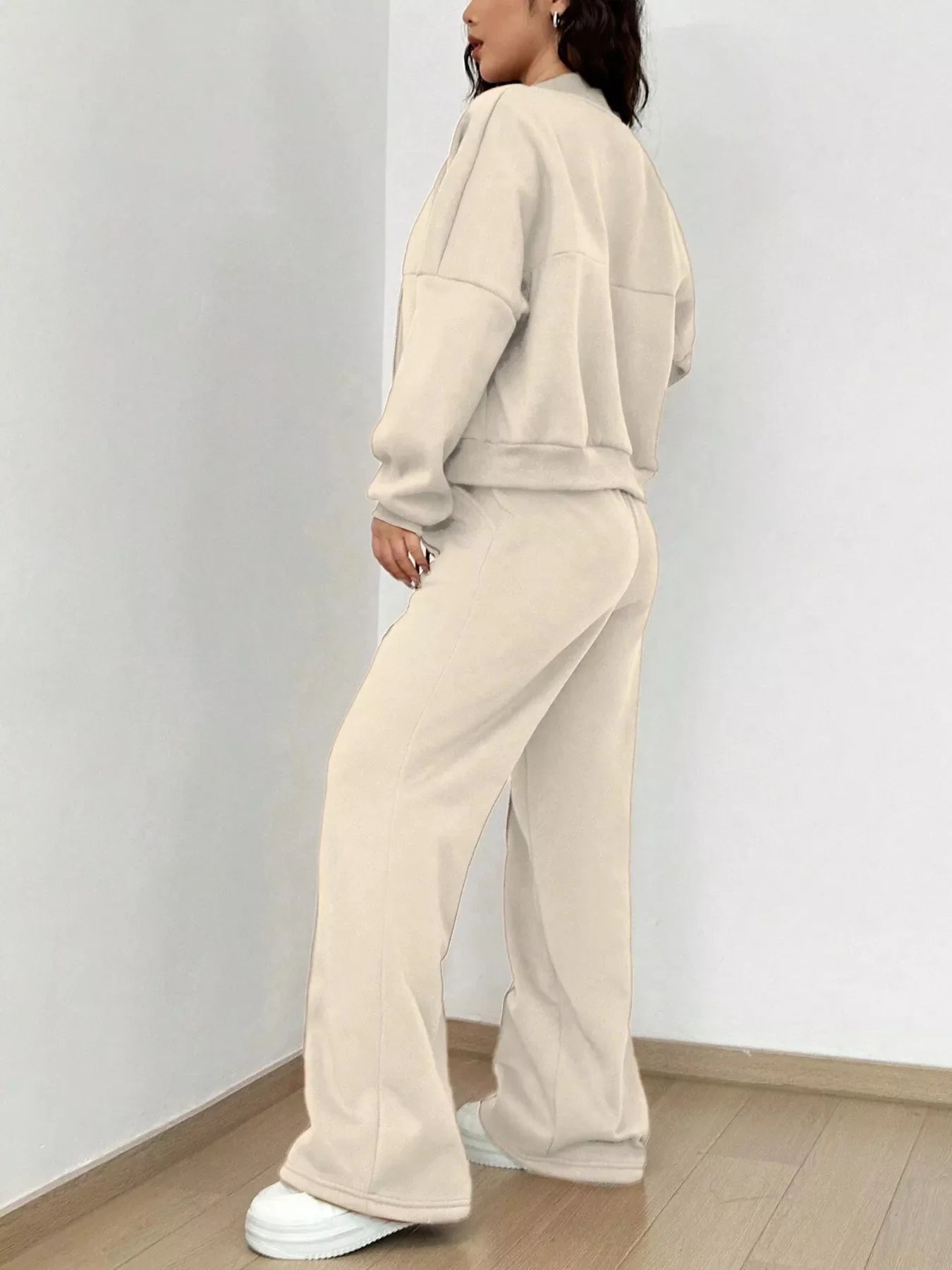 Ensemble de Veste Zippée en Couleur Unie et Pantalons à Jambes Larges