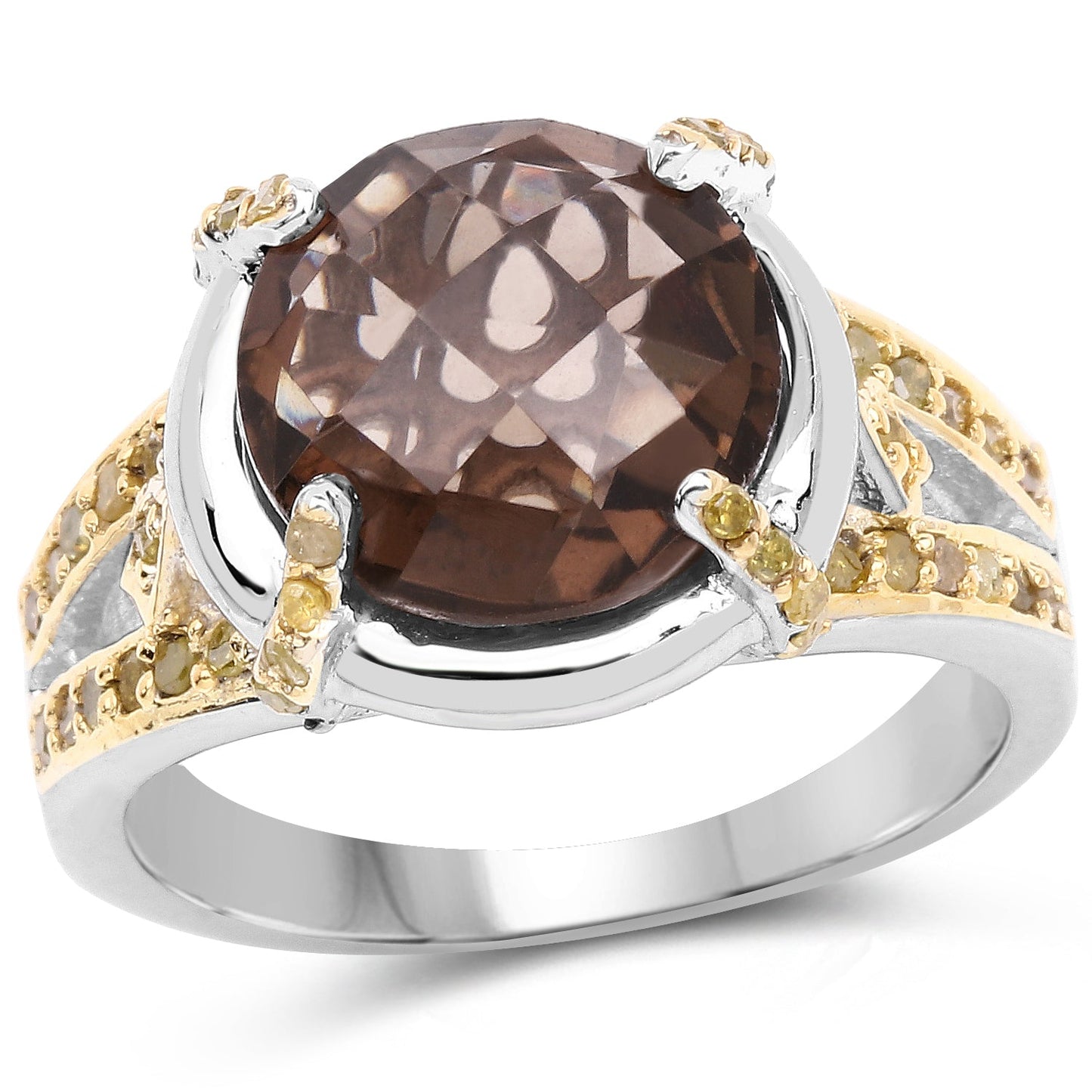 3.28 Carat Smoky Quartz & Yellow Diamond Sterling Silver Ring