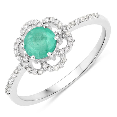 Anillo de Compromiso de Esmeralda Zambiana y Diamante de 0.55 Quilates en Oro Blanco de 14K