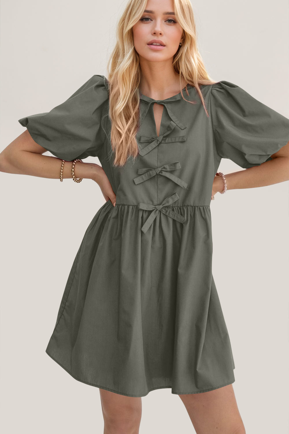 Elegant Ruched Puff Sleeve Mini Dress with Bow Detail