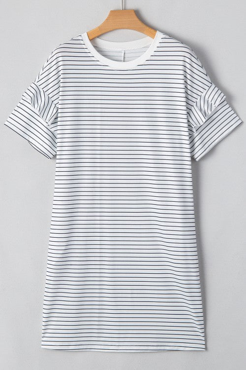 White Striped Round Neck Short Sleeve Mini Dress Casual & Playful Everyday Look Dress - Korvel
