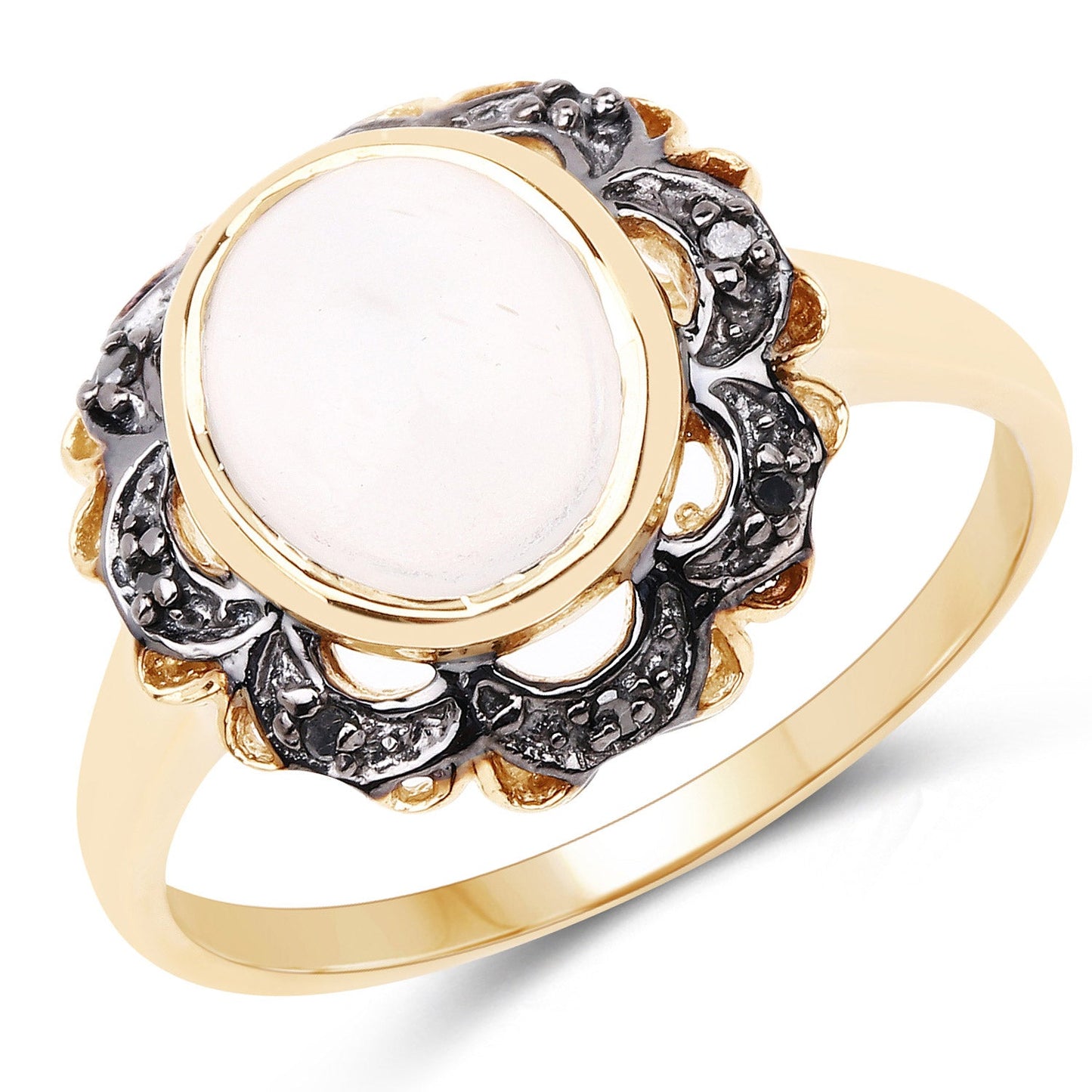 3.04 Carat White Moonstone & Black Diamond Sterling Silver Ring