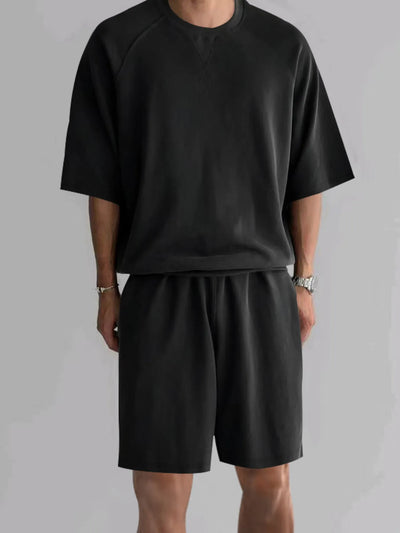 Men's Plus Size Round Neck Top and Shorts Set