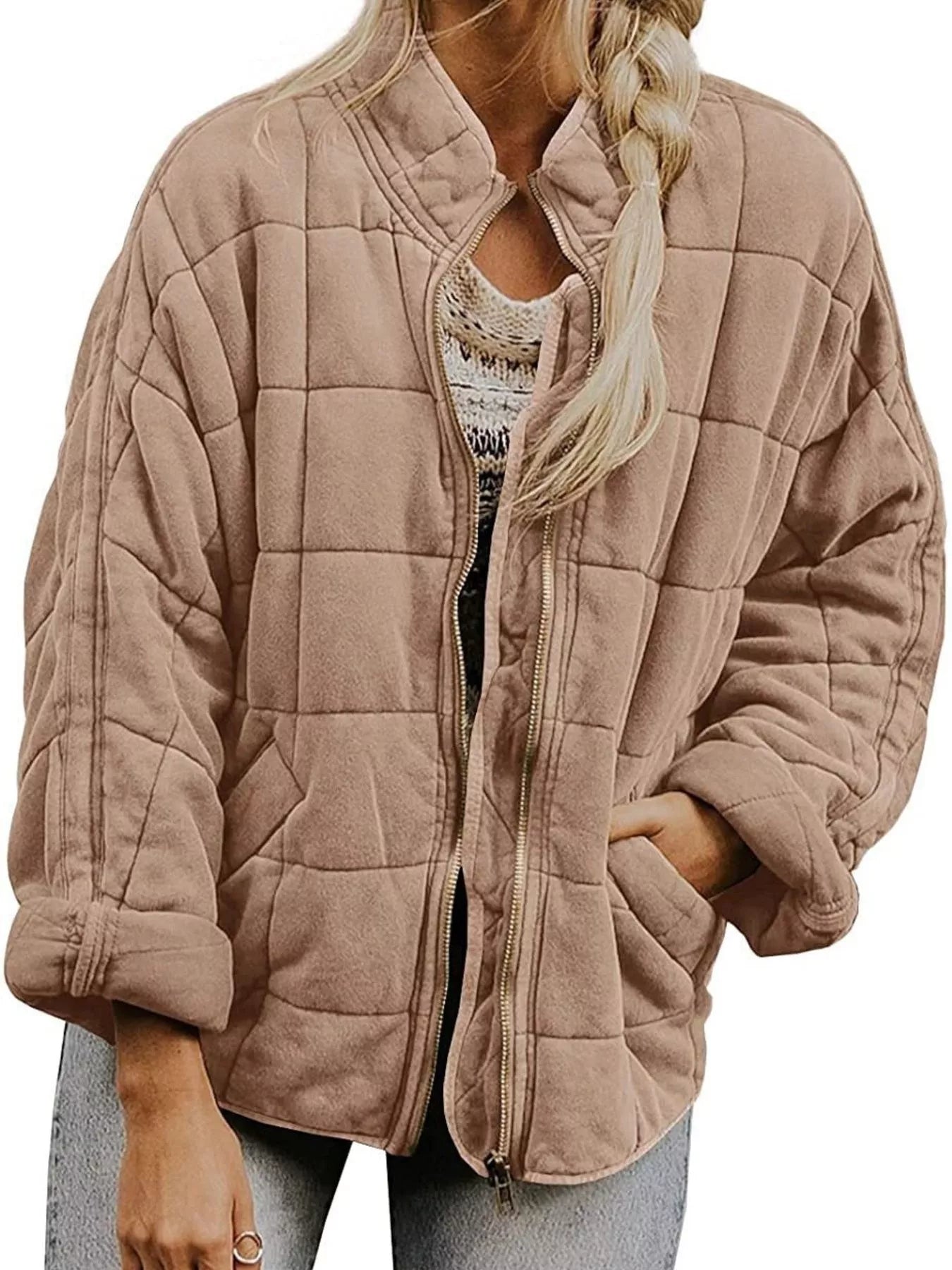 Plus Size Full Zip Quilted Bomber Jacket
