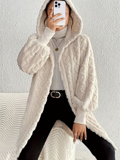 Beige Long Sleeve Fuzzy Hooded Jacket - Cozy Outerwear