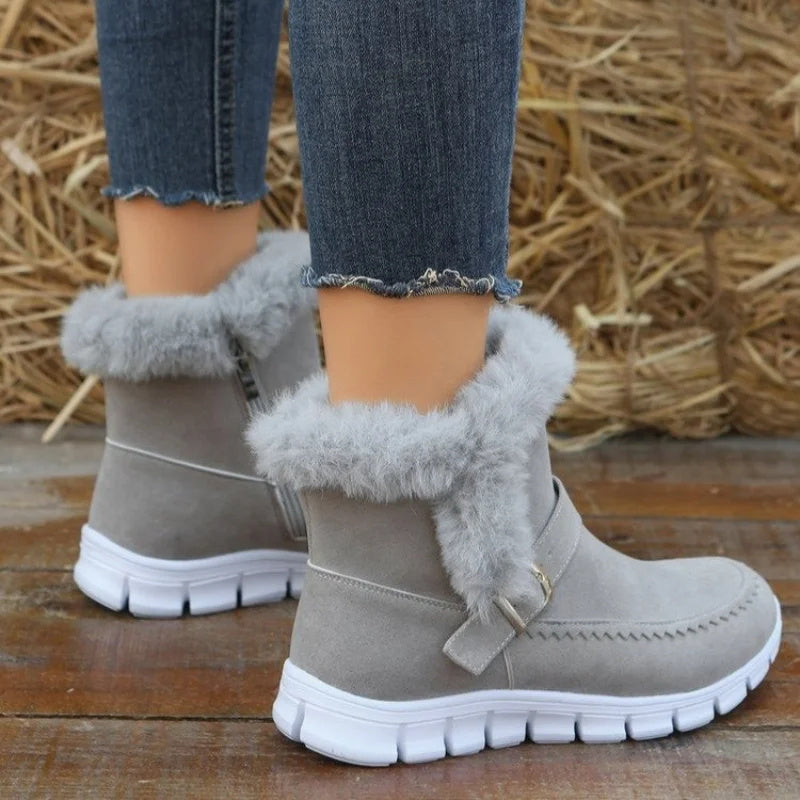 Stylish Plush Ankle Boots with Buckle Design for Women