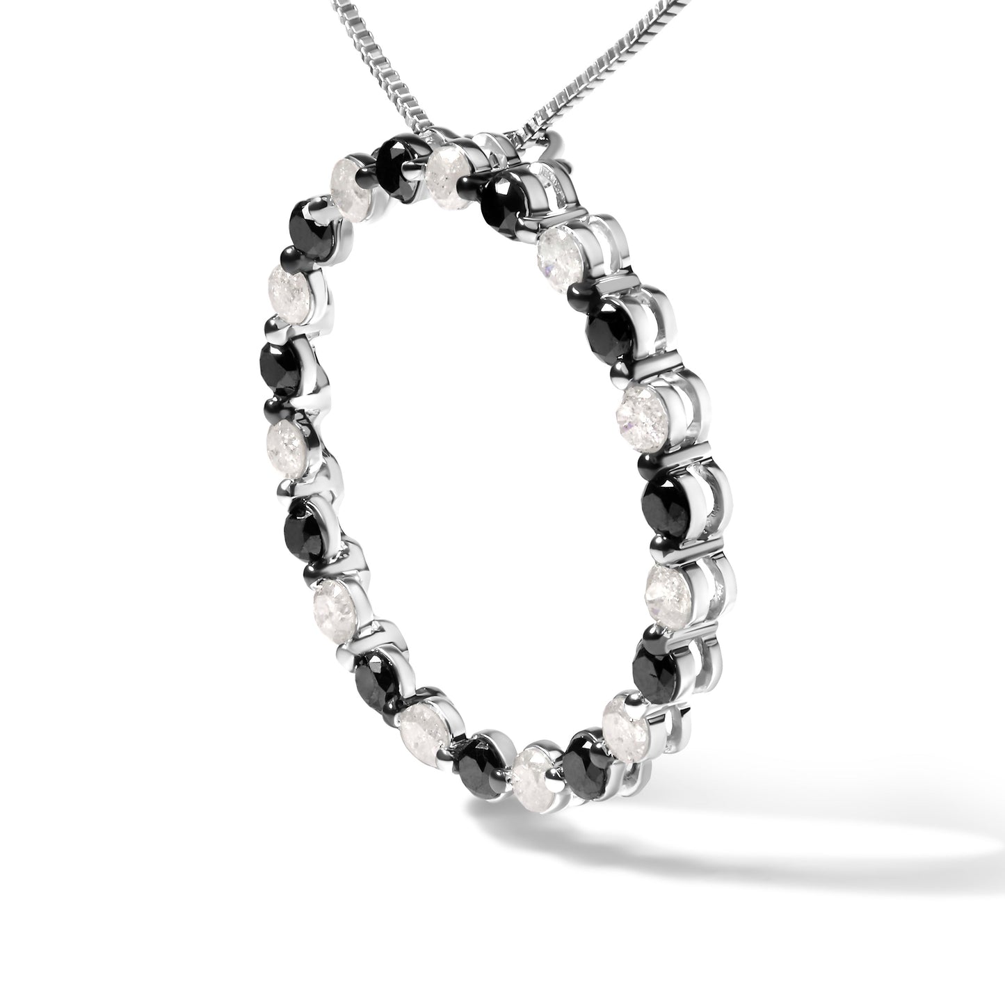 Collier Pendentif Ouvert en Argent Sterling 925 avec Diamants Noirs et Blancs