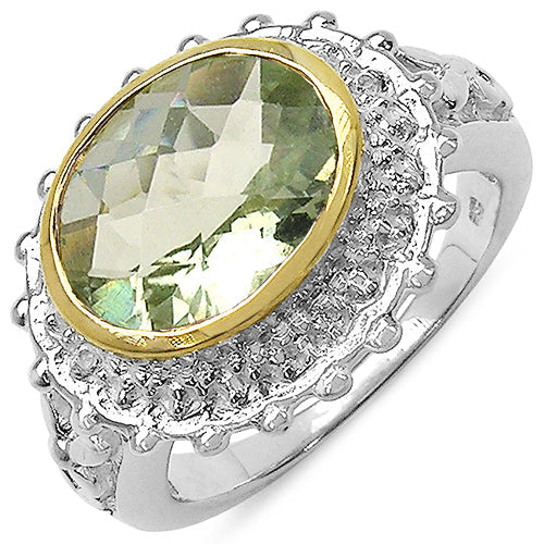 Bague en Argent Sterling Plaquée Deux Tons avec Améthyste Verte et Topaze Blanche
