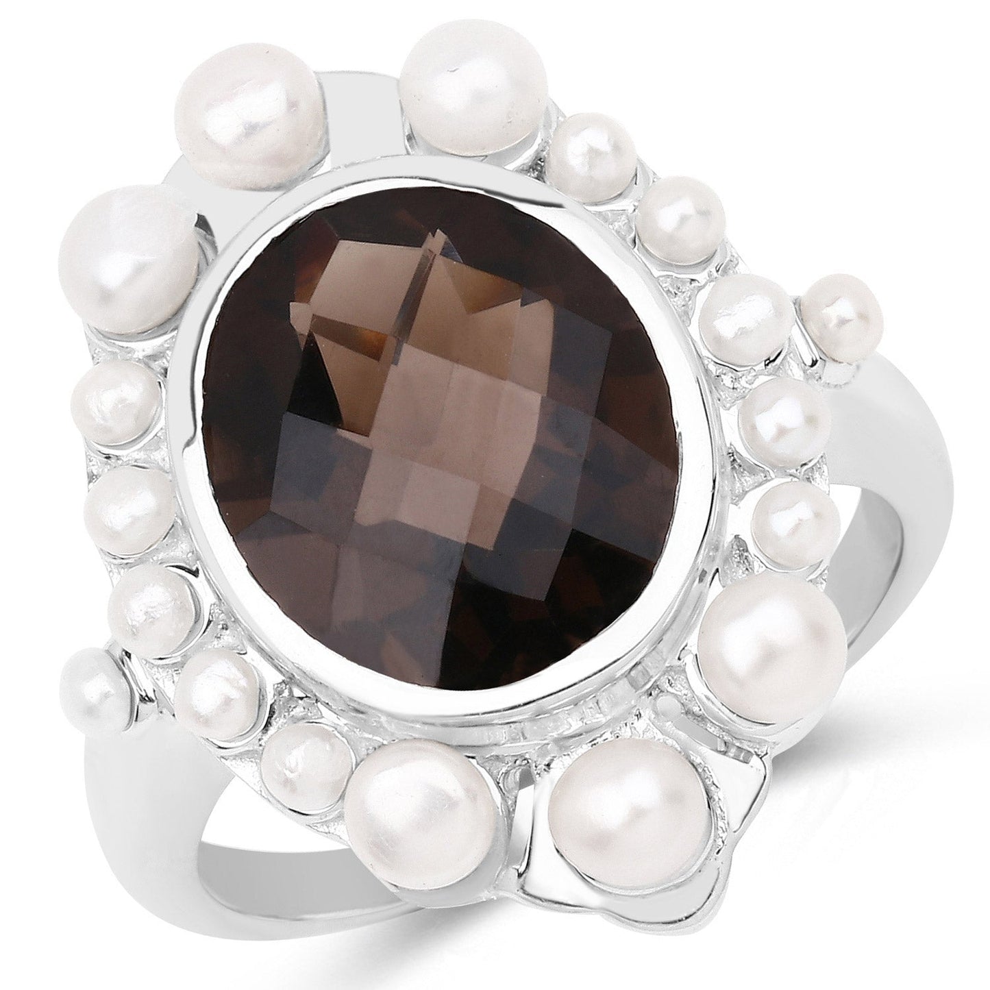 5.75 Carat Smoky Quartz and Pearl Sterling Silver Engagement Ring