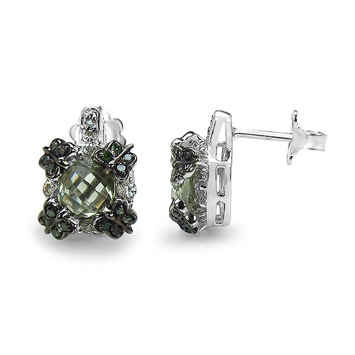 Elegant 2.91 Carat Green Amethyst & Diamond Sterling Silver Earrings
