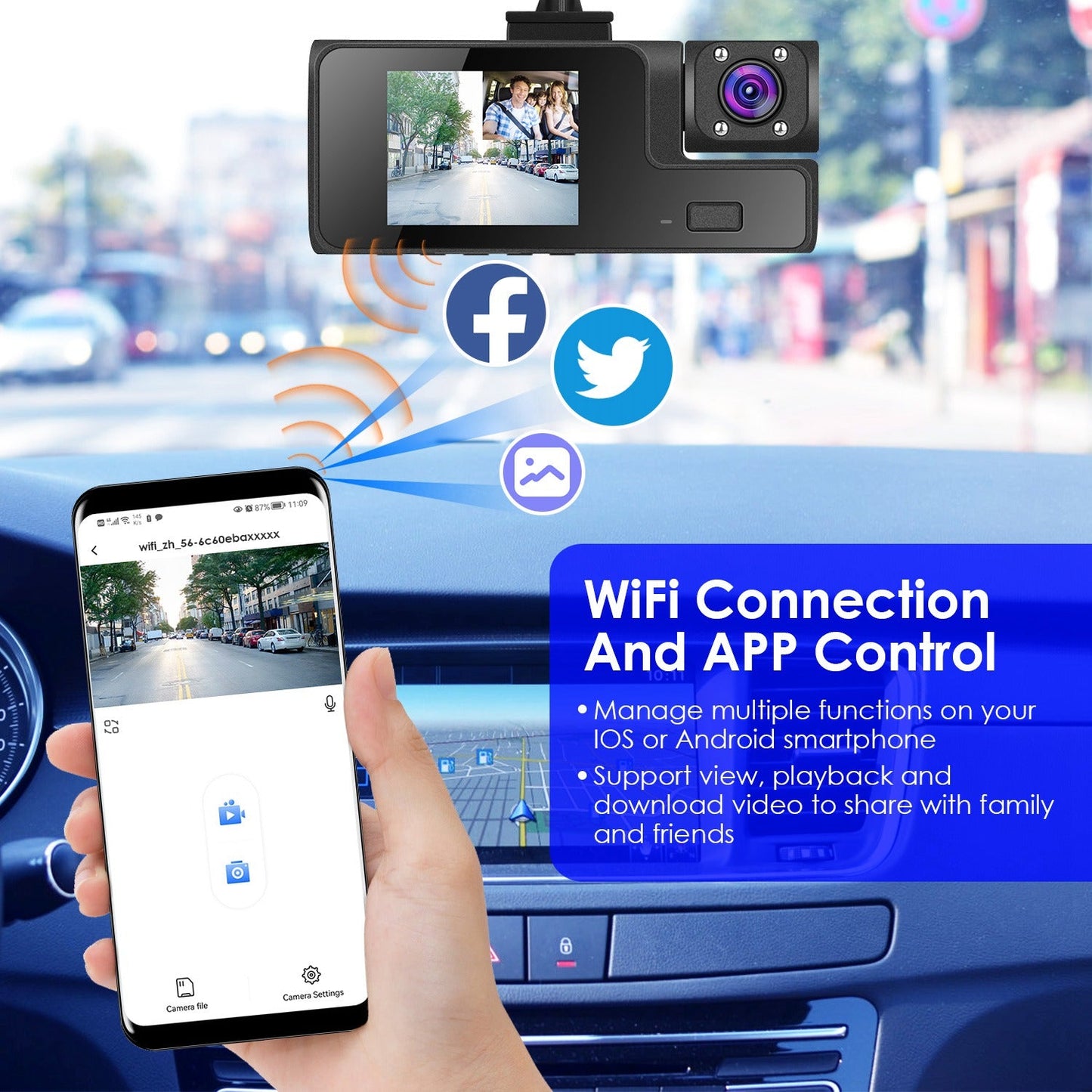 WiFi FHD 1080P 3-Channel Car Dash Cam with 64G Card