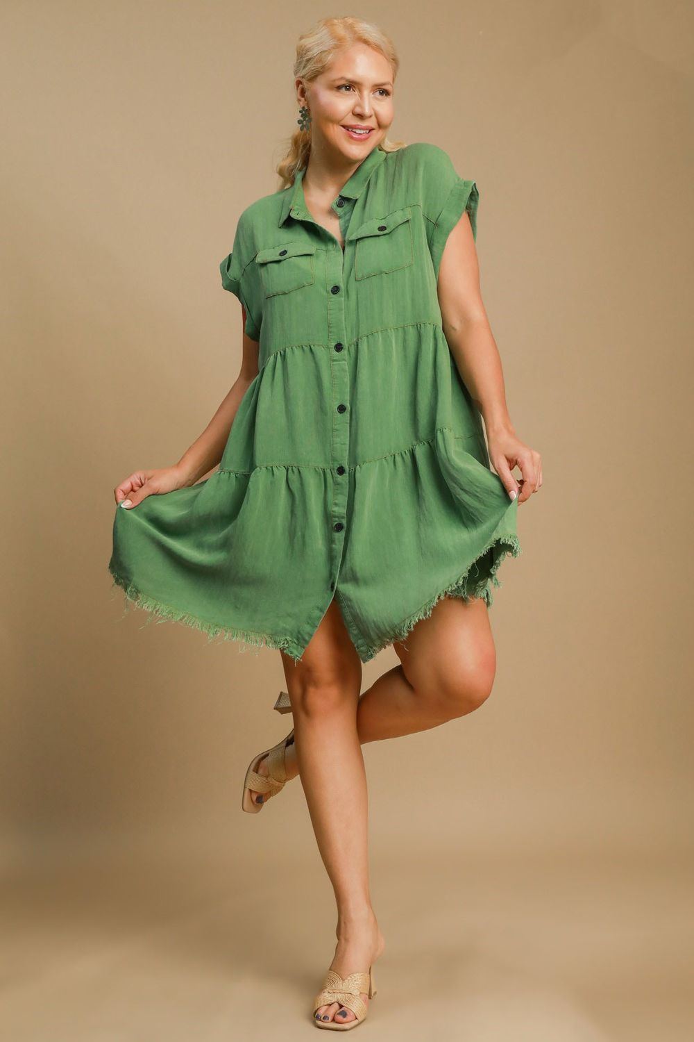 Green Plus Size Button-Down Shirt Dress