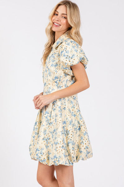 Elegant Summer Floral Eyelet Mini Dress with Puff Sleeves