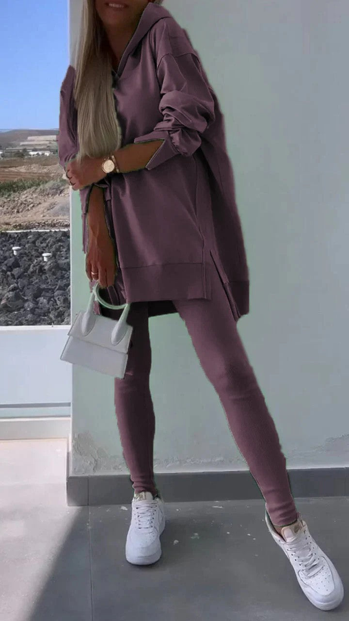 Women's Sports Casual Slit Hooded Sweatshirt Tights Set