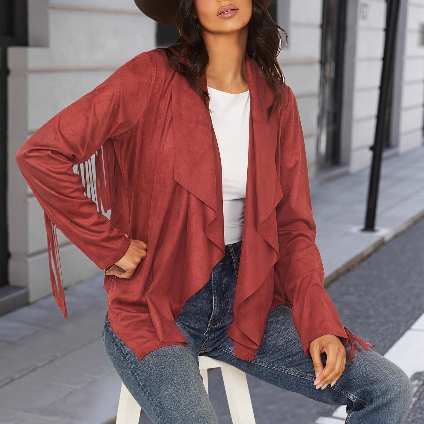 Chaqueta de Cardigan de V-Cuello con Flecos de Manga Larga Elegante para Mujeres