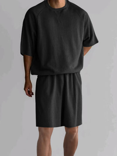 Men's Plus Size Round Neck Top and Shorts Set