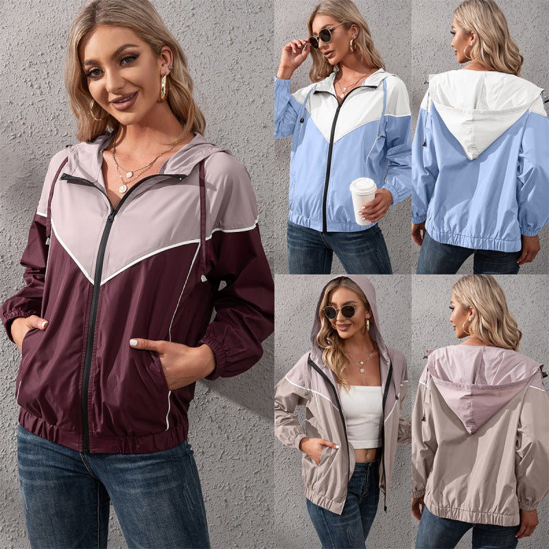 Women's Hooded Waterproof Jacket in Khaki, Blue, and Wine Red